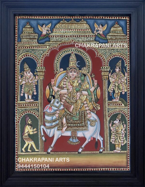 Shiva Parvathi Rishaba Vaganam Antique Finish Tanjore Painting